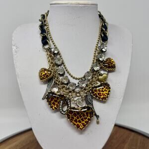 Betsey Johnson Lucite Puffy Hearts Necklace with Cheetah Stones Multi Chain